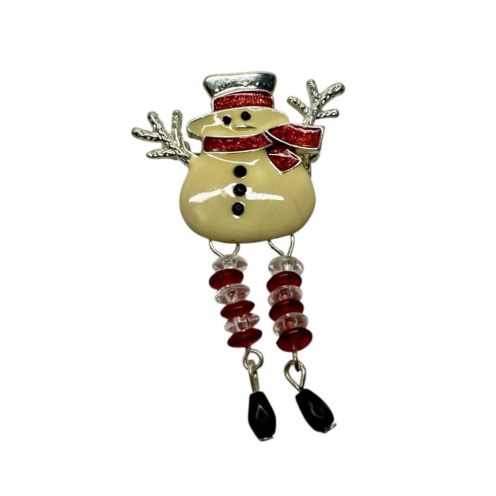 Vintage Christmas Snowman Enameled Brooch Multicolor Dangle Beads